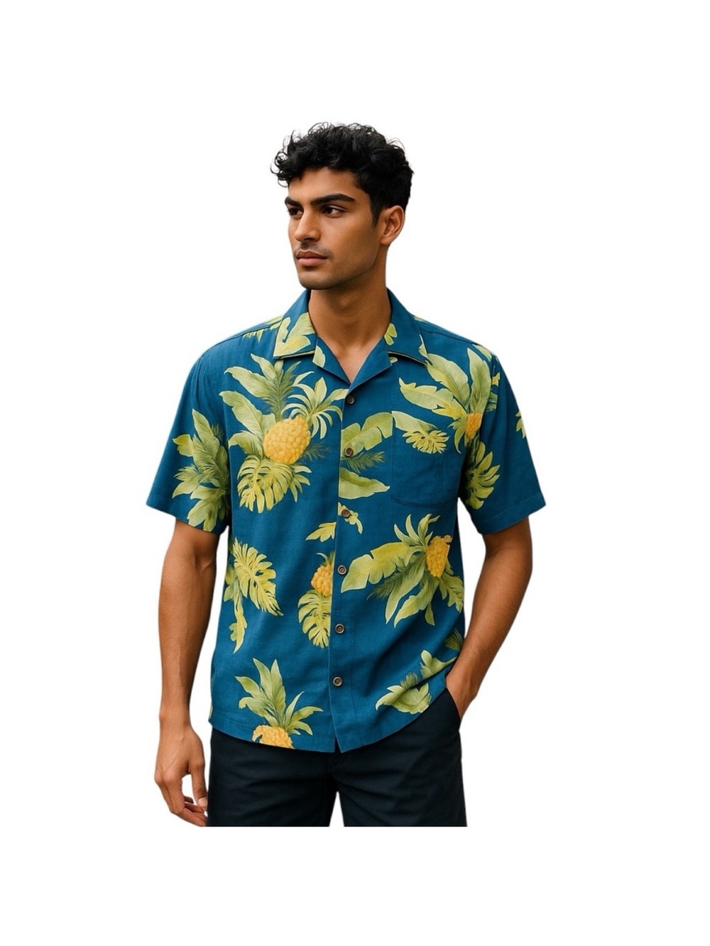 Jamaica Jaxx Vintage Medium 100% Silk Hawaiian Shirt Blue Pineapple Print